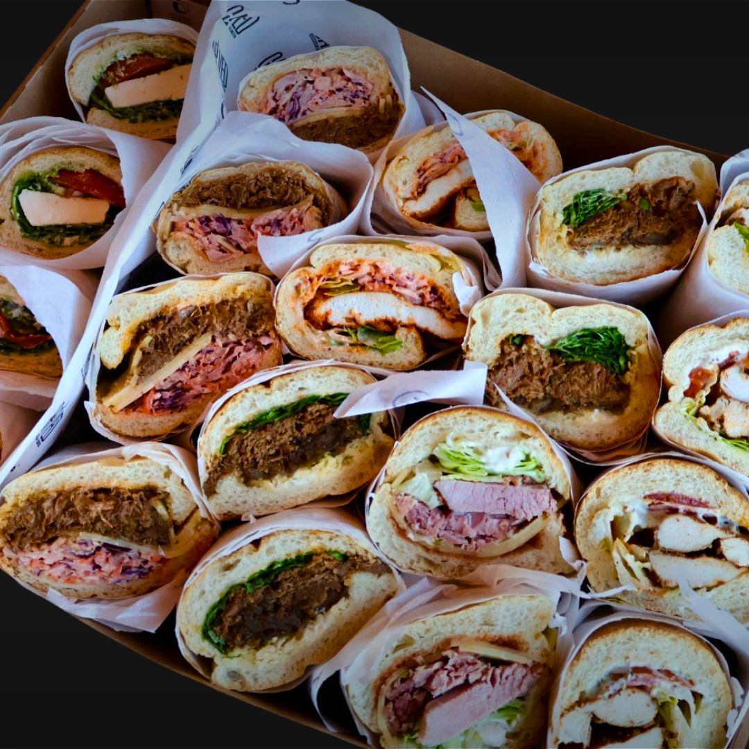 Platter with 10 sandwiches ready for delivery